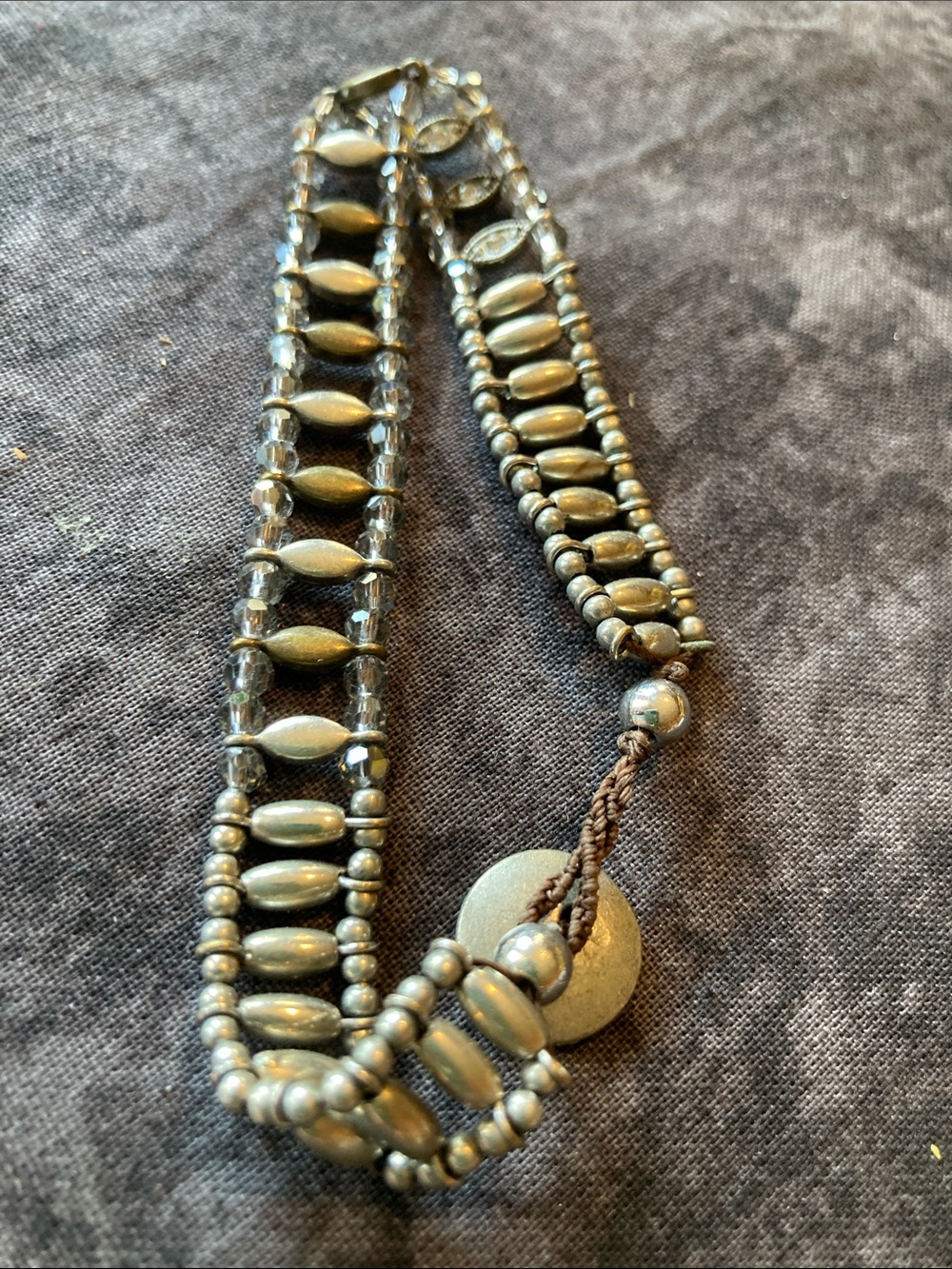 Handmade Metallic Beaded Bracelet in Antique Silver Tone & Rhinestone